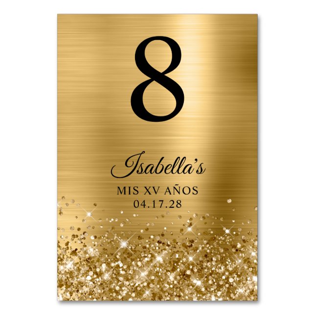 Tarjeta De Mesa Relieve metalizado dorado Purpurinoso Mis XV Anos (Anverso)