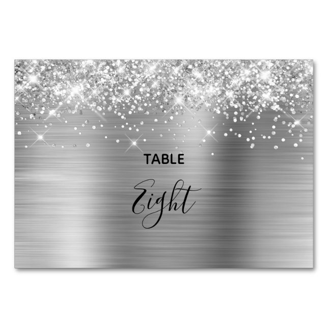 Tarjeta De Mesa Relieve metalizado plateado Purpurinoso falso Boda (Anverso)