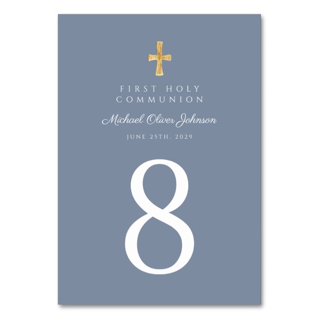 Tarjeta De Mesa Religious Cross Dusty Blue Boy First Communion (Anverso)