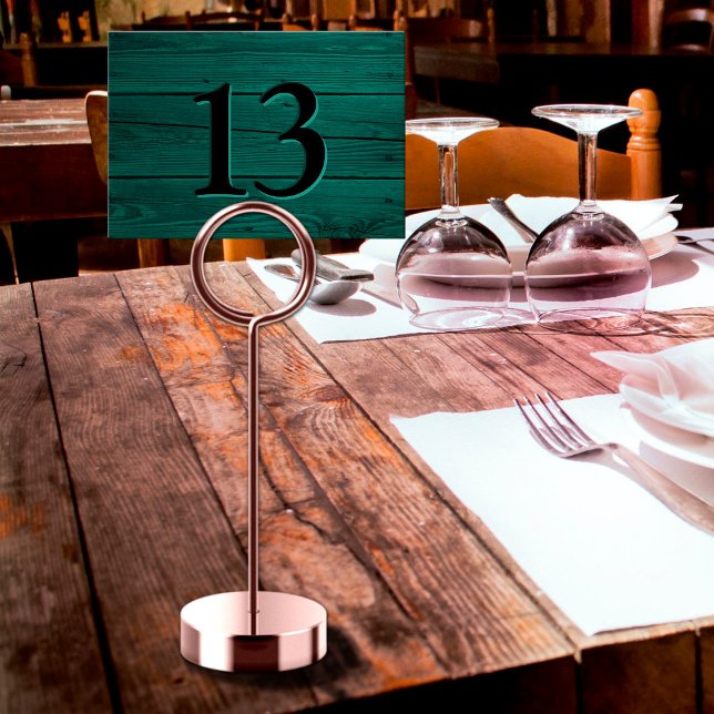 Tarjeta De Mesa Restaurante Verde Teal Grabado Falso Rústico (Rustic Faux Engraved Teal Green Restaurant Table Number)