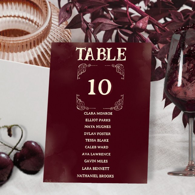 Tarjeta De Mesa Retro Burgundy Ivory Wedding Seating Guest Names (Subido por el creador)
