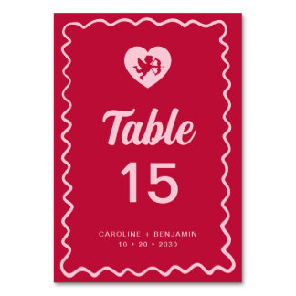 Tarjeta De Mesa Retro Fun Wavy Frame Red Pink Cupid Wedding
