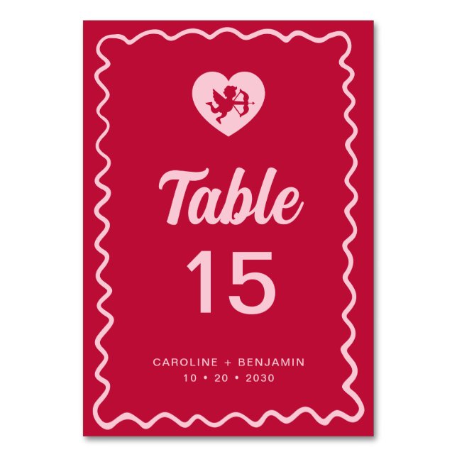 Tarjeta De Mesa Retro Fun Wavy Frame Red Pink Cupid Wedding (Anverso)