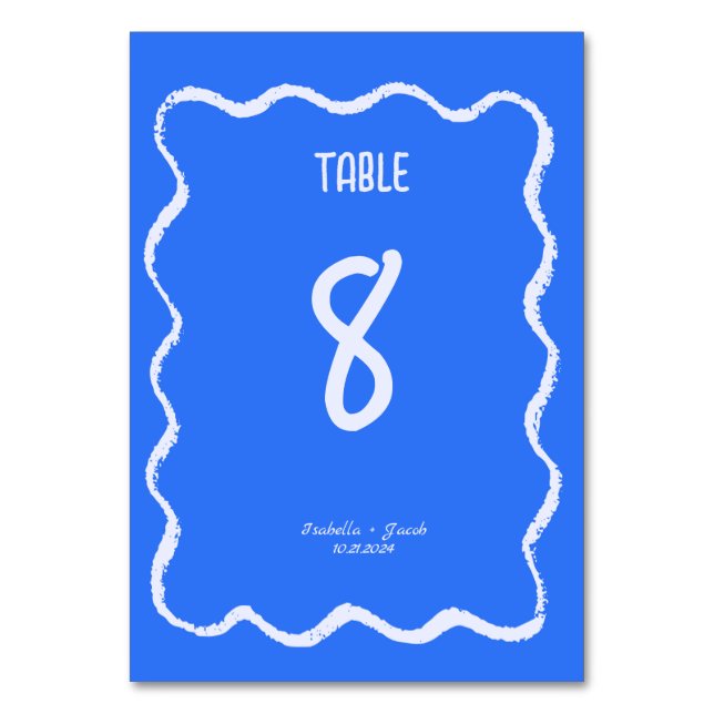 Tarjeta De Mesa Retro Squiggle Whimsical Cobalt Blue Boda (Anverso)