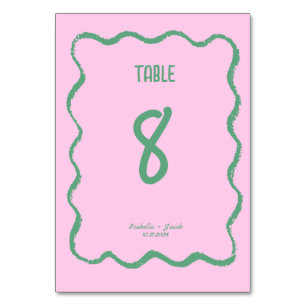 Tarjeta De Mesa Retro Squiggle Whimsical Pink and Green Boda