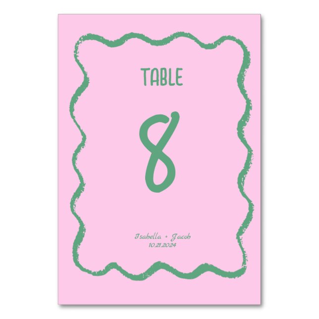 Tarjeta De Mesa Retro Squiggle Whimsical Pink and Green Boda (Anverso)