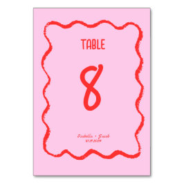 Tarjeta De Mesa Retro Wavy Squiggle Pink Red Handwriter Boda