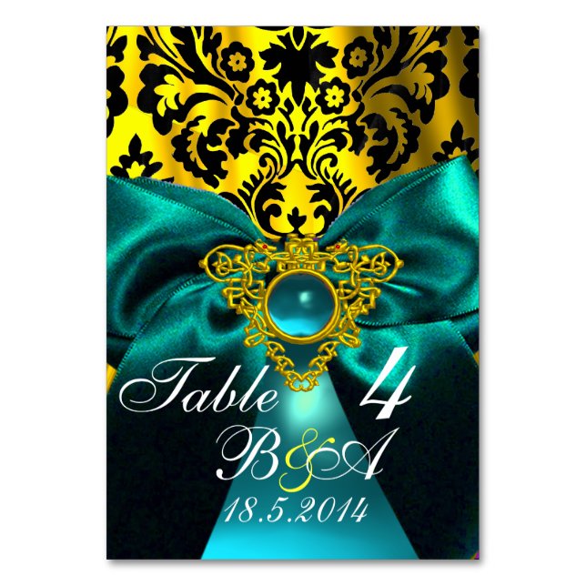 Tarjeta De Mesa RIBBON verde azulada AZUL ORO CELTIC HEART DAMASK  (Anverso)