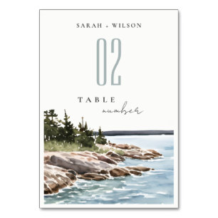 Tarjeta De Mesa Rocky Pine Watercolor Seascape Boda
