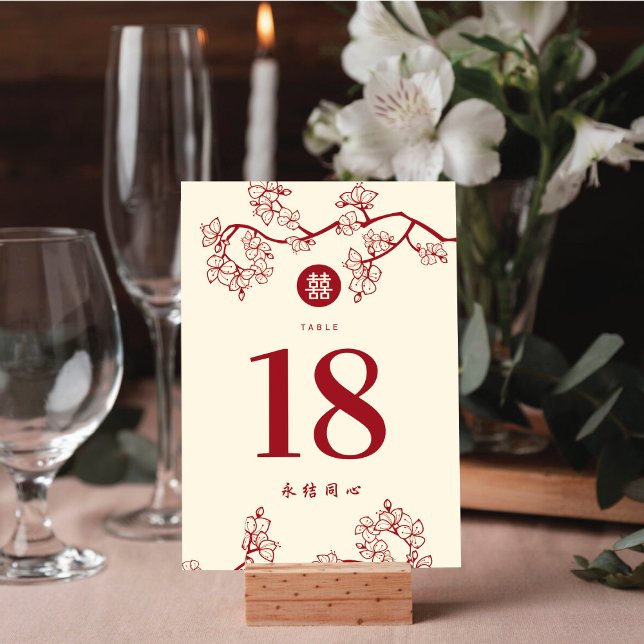 Tarjeta De Mesa Rojas flores de melocotón/ciruelo Doble Felicidad  (Subido por el creador)