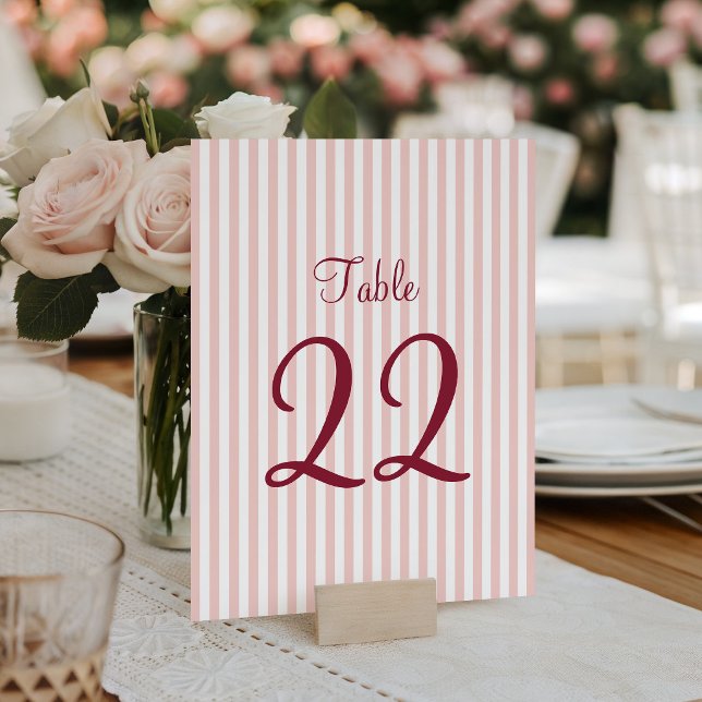 Tarjeta De Mesa Rojizo Rosa y Rayas Blancas (Blush Pink and White Stripes Table Number)
