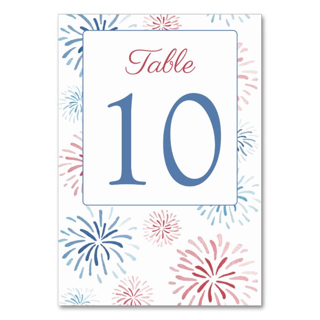Tarjeta De Mesa Rojo Azul Blanco Fuegos artificiales Ducha de boda (Anverso)