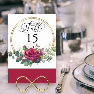 Tarjeta De Mesa Rojo rosa y Eucalipto Marco dorado