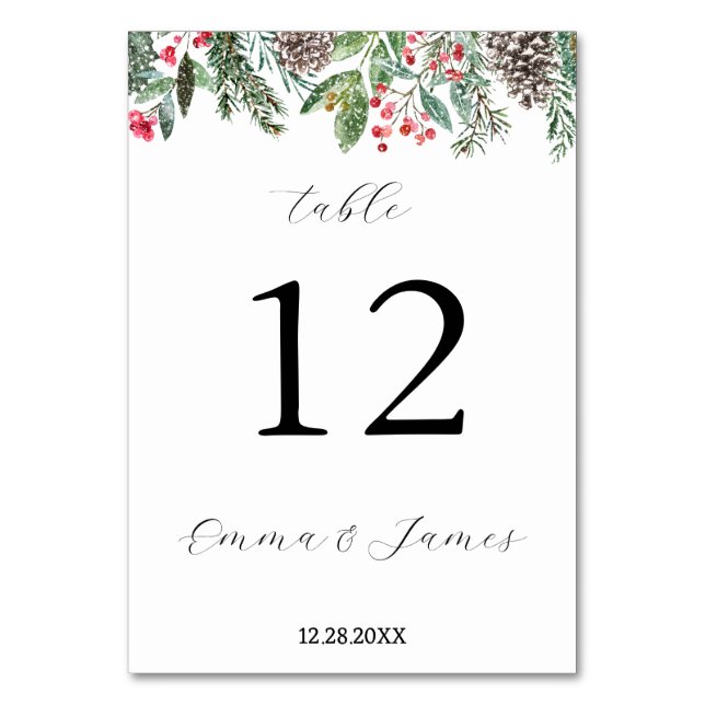 Tarjeta De Mesa Rojo rústico acebo y piña (Anverso)