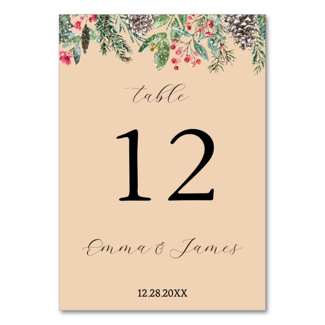 Tarjeta De Mesa Rojo rústico de acebo y cono de abeto (Anverso)