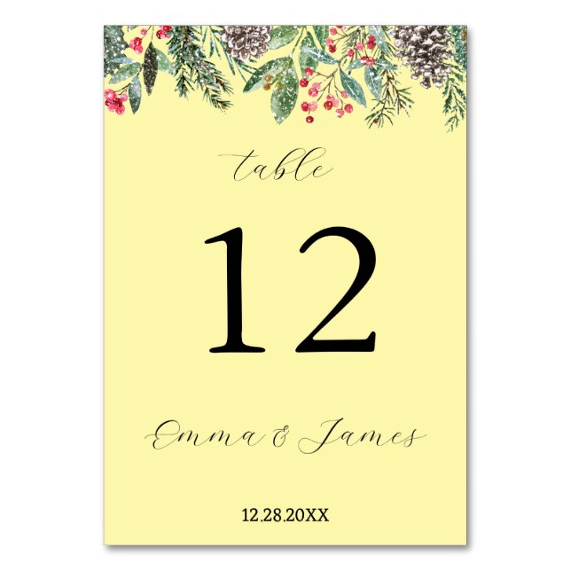 Tarjeta De Mesa Rojo rústico de acebo y piña (Anverso)