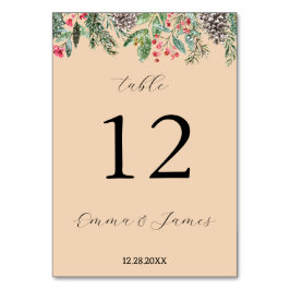 Tarjeta De Mesa Rojo rústico de acebo y piña