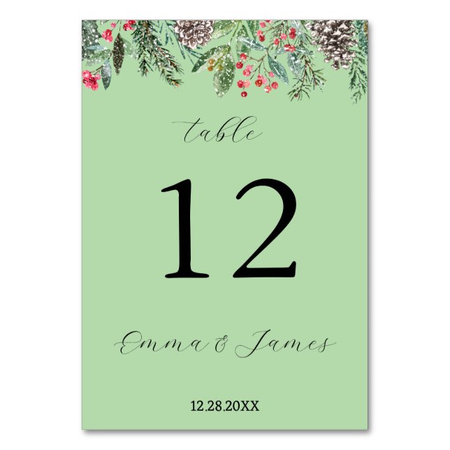 Tarjeta De Mesa Rojo rústico de acebo y piña (Anverso)