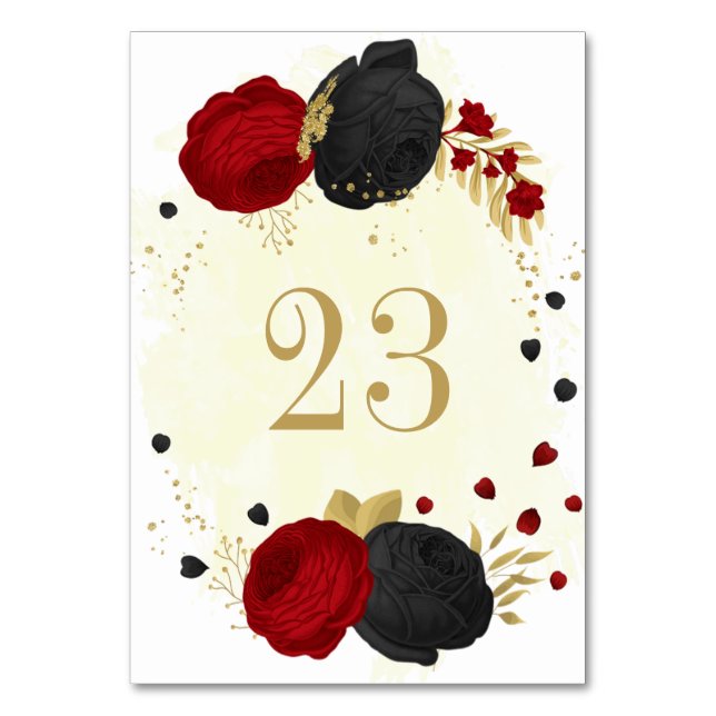 Tarjeta De Mesa Rojos románticos y flores negras boda dorada (Anverso)