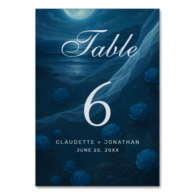 Tarjeta De Mesa Romantic Blue Moonlit Beach Wedding (Anverso)