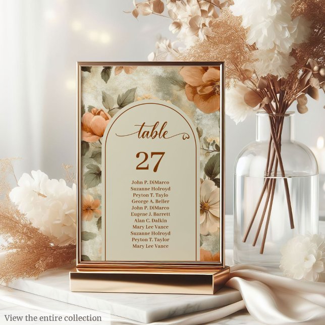 Tarjeta De Mesa Romantic Boho Rust Ivory Olive Floral Table Number (Elegant Boho Terracotta Ivory Sage Floral Table Number)
