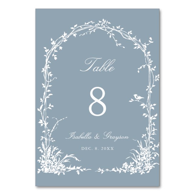 Tarjeta De Mesa Romantic Botanical Arch Garden Wedding Dusty Blue (Anverso)