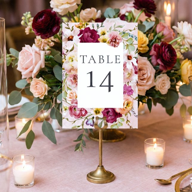 Tarjeta De Mesa Romantic Burgundy Blush Floral Garden Wedding (Romantic Burgundy Blush Floral Garden Wedding Table Number)