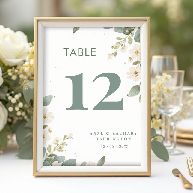 Tarjeta De Mesa Romantic Floral & Eucalyptus Branches Wedding (Romantic Floral and Eucalyptus Branches Wedding Table Number Cards with Elegant Greenery Frame.)