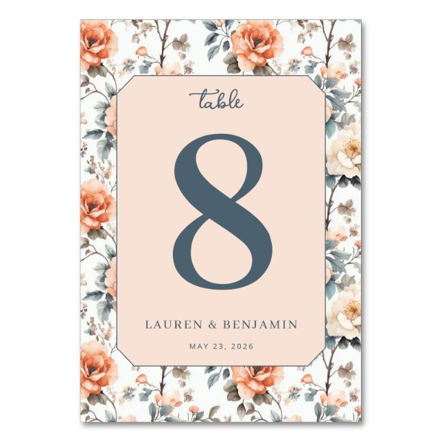 Tarjeta De Mesa Romantic Peach Floral Table Number (Anverso)