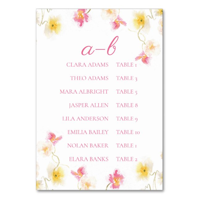 Tarjeta De Mesa Romantic Pink Floral Alphabet Seating Chart Card (Anverso)