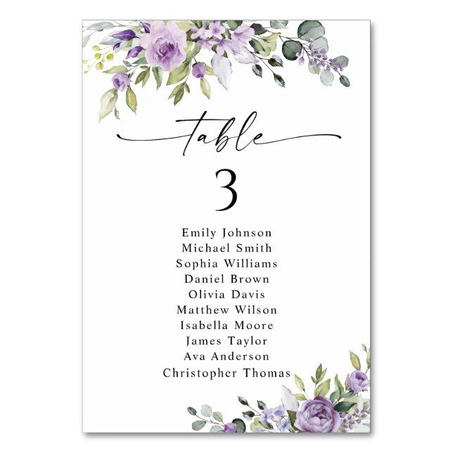 Tarjeta De Mesa Romantic Violet Flower Table Seating Chart Cards (Anverso)