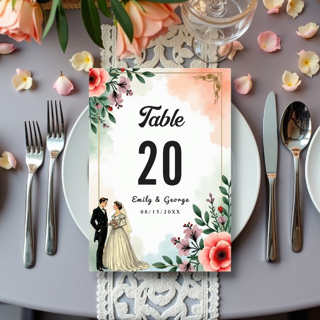 Tarjeta De Mesa Romántica acuarela Floral Bride y Groom Boda (Subido por el creador)