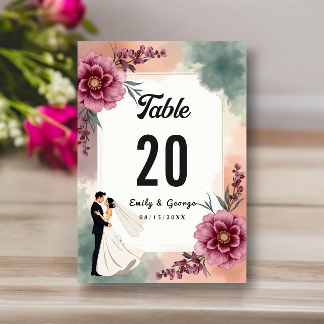 Tarjeta De Mesa Romántica acuarela Floral Bride y Groom Boda (Subido por el creador)