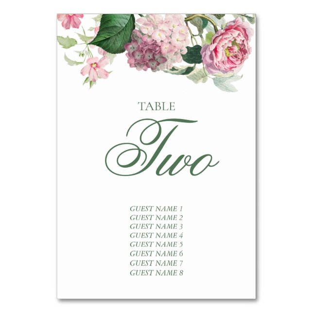 Tarjeta De Mesa Romántica acuarela Flores rosadas Boda Jardín (Anverso)