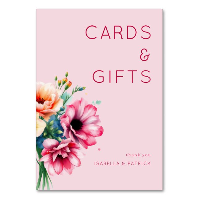 Tarjeta De Mesa Romántico Floral de Acuarela Rosa (Anverso)