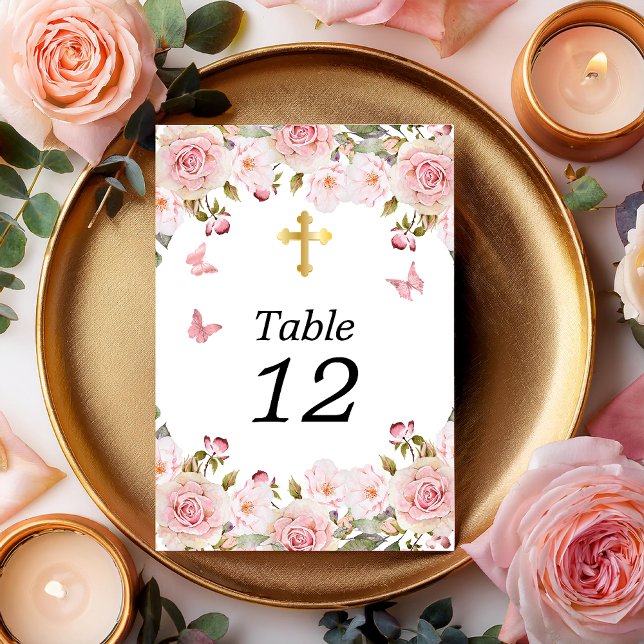 Tarjeta De Mesa Rosa acuarela Floral Butterflies and Cross (Pink Rose Floral and Gold Tone Trinity Cross Table Number Cards)