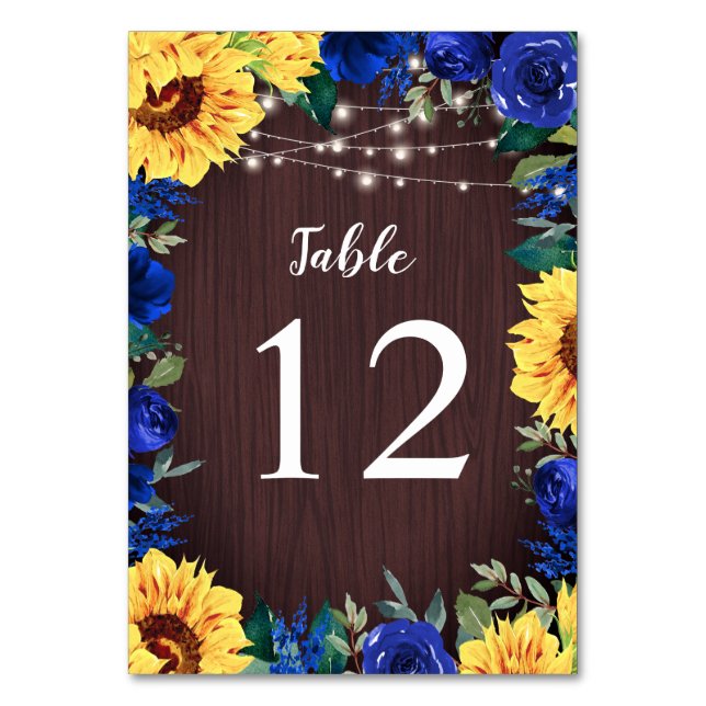 Tarjeta De Mesa Rosa azul girasol Luz de borde Boda de madera (Anverso)
