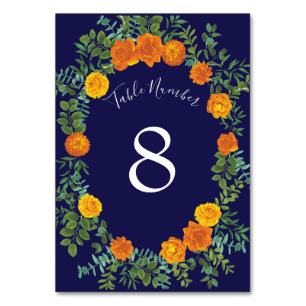 Tarjeta De Mesa Rosa azul y Naranja Boda Floral Moderno