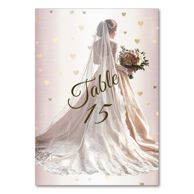 Tarjeta De Mesa Rosa Boda de Invierno Novia Corazones brillantes d (Anverso)
