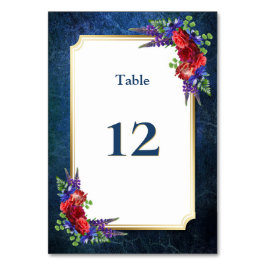 Tarjeta De Mesa Rosa Borgoña Floral Gold Border Boda Azul