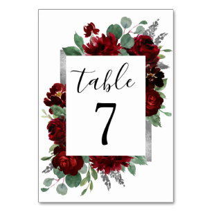Tarjeta De Mesa Rosa de borgoña rojo y plateado Boda de invierno