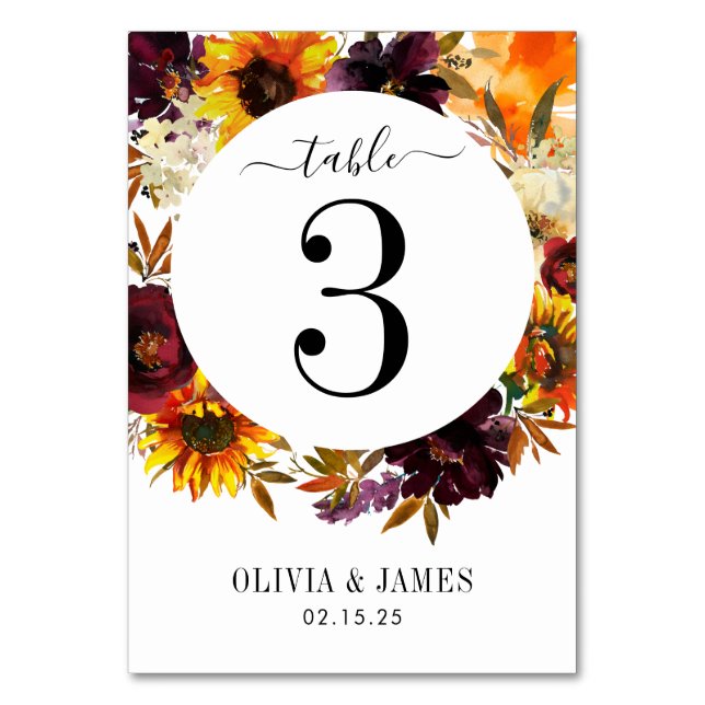 Tarjeta De Mesa Rosa de girasol ruso Burgundy Fall Wreath Boda (Anverso)
