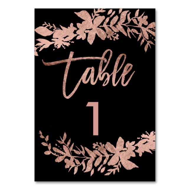 Tarjeta De Mesa Rosa de guión dorado Floral negro número de tabla  (Anverso)