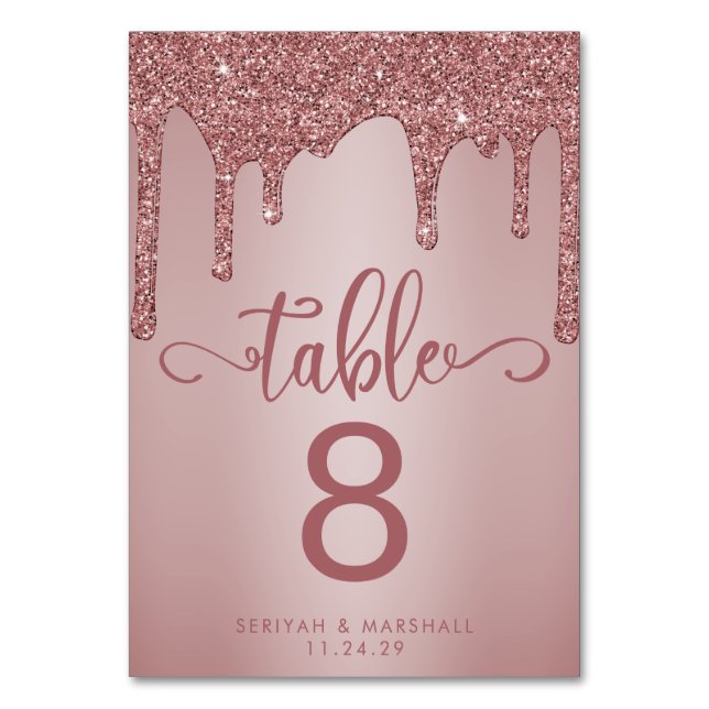 Tarjeta De Mesa Rosa de moda Boda Purpurina de oro (Anverso)
