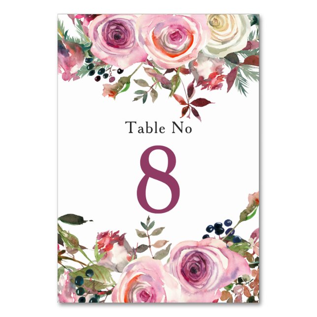 Tarjeta de mesa Rosa  de Moda morada Boda floral (Anverso)