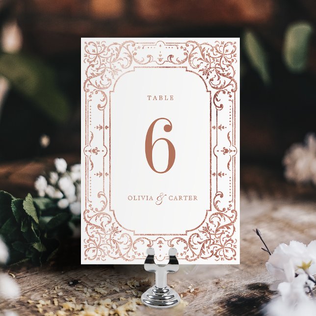 Tarjeta De Mesa Rosa de oro elegante romántico adorno de bodas vin (Rose gold elegant romantic ornate vintage wedding table number)