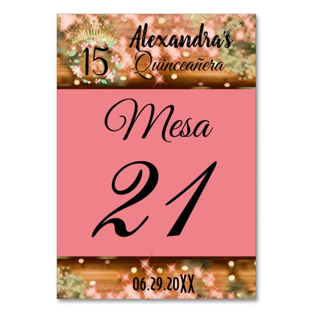 Tarjeta De Mesa Rosa esparcido oro Princesa de Quinceañera español (Anverso)