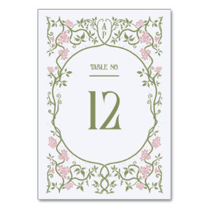 Tarjeta De Mesa Rosa floral de Art Nouveau y Boda verde