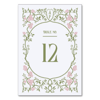 Tarjeta De Mesa Rosa floral de Art Nouveau y Boda verde