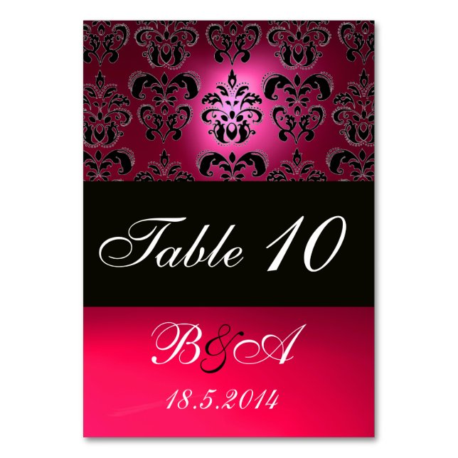 TARJETA DE MESA ROSA, FUCHSIA NEGRA, BLANCO PURPLE DAMASK MONOGRAM (Reverso)